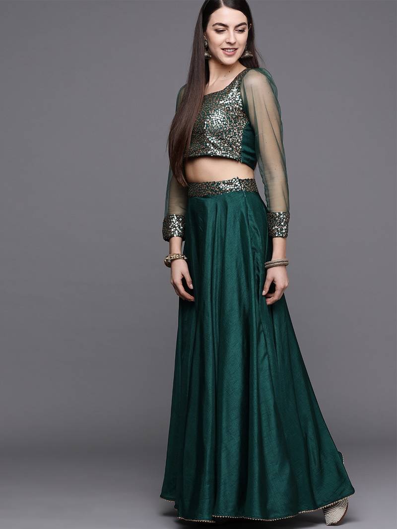 Green Embellished Silk Blend Semi Stitched Lehenga Choli With Dupatta