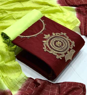 VredeVogel Maroon Cotton Hand work Salwar Suit Material  (Unstitched) 1