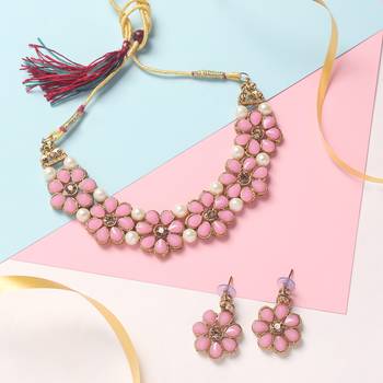 Gold Plated Pink Flower Kundan Pearl Necklace With Earring Traditional Jewellery Set For Women 1