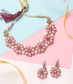 Gold Plated Pink Flower Kundan Pearl Necklace With Earring Traditional Jewellery Set For Women
