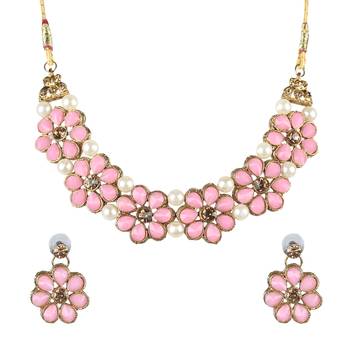 Gold Plated Pink Flower Kundan Pearl Necklace With Earring Traditional Jewellery Set For Women 2