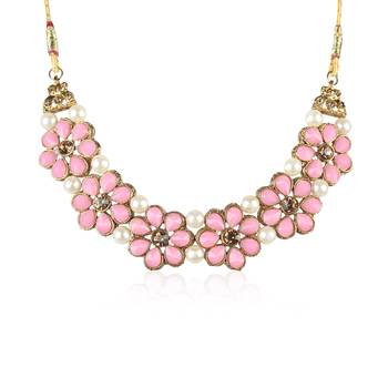 Gold Plated Pink Flower Kundan Pearl Necklace With Earring Traditional Jewellery Set For Women 3