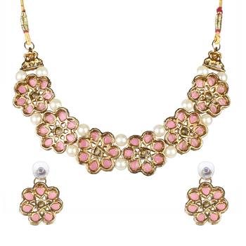 Gold Plated Pink Flower Kundan Pearl Necklace With Earring Traditional Jewellery Set For Women 5