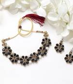 Gold Plated Black Flower Kundan Pearl Necklace With Earring Traditional Jewellery Set For Women