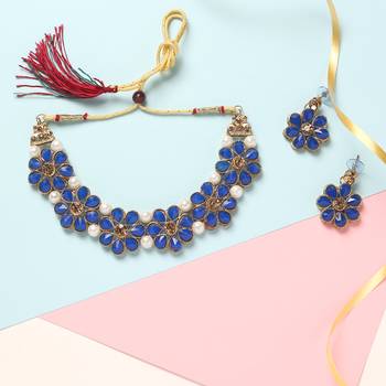 Gold Plated Blue Flower Kundan Pearl Necklace with  Earring Traditional Jewellery Set for Women 1