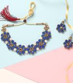 Gold Plated Blue Flower Kundan Pearl Necklace with  Earring Traditional Jewellery Set for Women