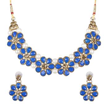Gold Plated Blue Flower Kundan Pearl Necklace with  Earring Traditional Jewellery Set for Women 2