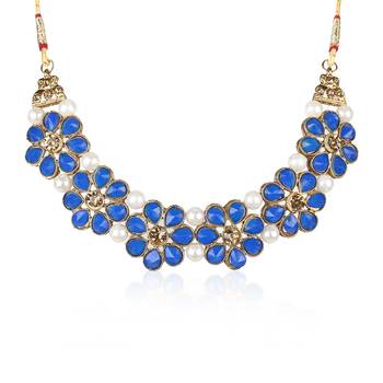 Gold Plated Blue Flower Kundan Pearl Necklace with  Earring Traditional Jewellery Set for Women 3