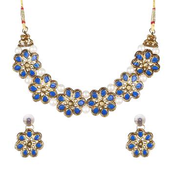 Gold Plated Blue Flower Kundan Pearl Necklace with  Earring Traditional Jewellery Set for Women 5