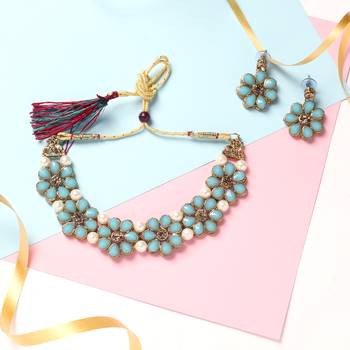 Gold Plated Firozi Flower Kundan Pearl Necklace With Earring Traditional Jewellery Set For Women 1