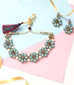 Gold Plated Firozi Flower Kundan Pearl Necklace With Earring Traditional Jewellery Set For Women