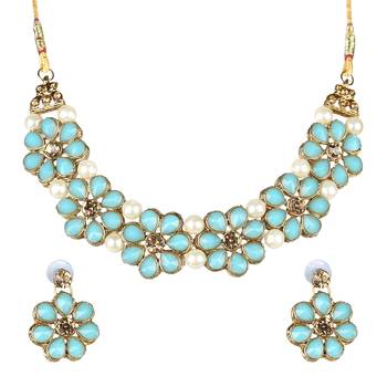 Gold Plated Firozi Flower Kundan Pearl Necklace With Earring Traditional Jewellery Set For Women 2