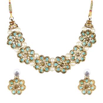 Gold Plated Firozi Flower Kundan Pearl Necklace With Earring Traditional Jewellery Set For Women 5