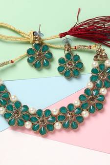 Gold Plated Green Flower Kundan Pearl Necklace With Earring Traditional Jewellery Set For Women