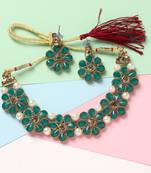 Gold Plated Green Flower Kundan Pearl Necklace With Earring Traditional Jewellery Set For Women