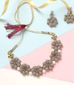 Gold Plated Grey Flower Kundan Pearl Necklace with  Earring Traditional Jewellery Set for Women