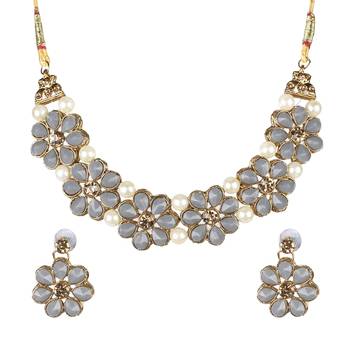 Gold Plated Grey Flower Kundan Pearl Necklace with  Earring Traditional Jewellery Set for Women 2