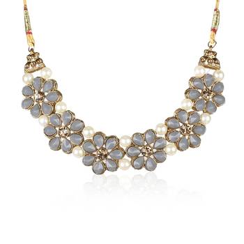 Gold Plated Grey Flower Kundan Pearl Necklace with  Earring Traditional Jewellery Set for Women 3
