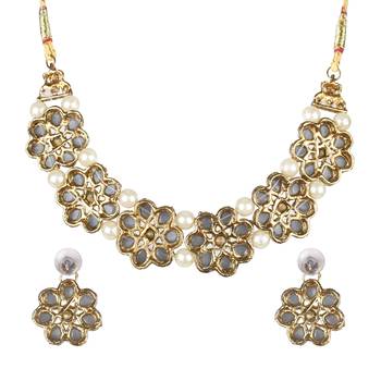 Gold Plated Grey Flower Kundan Pearl Necklace with  Earring Traditional Jewellery Set for Women 5