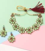Gold Plated Light Green Flower Kundan Pearl Necklace With Earring Traditional Jewellery Set For Women