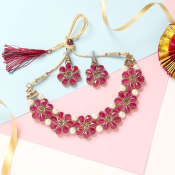 Gold Plated Rani Flower Kundan Pearl Necklace With Earring Traditional Jewellery Set For Women 1