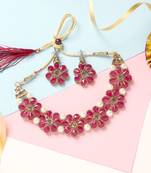 Gold Plated Rani Flower Kundan Pearl Necklace With Earring Traditional Jewellery Set For Women