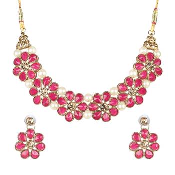 Gold Plated Rani Flower Kundan Pearl Necklace With Earring Traditional Jewellery Set For Women 2