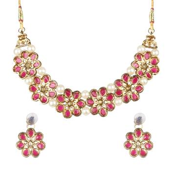 Gold Plated Rani Flower Kundan Pearl Necklace With Earring Traditional Jewellery Set For Women 5