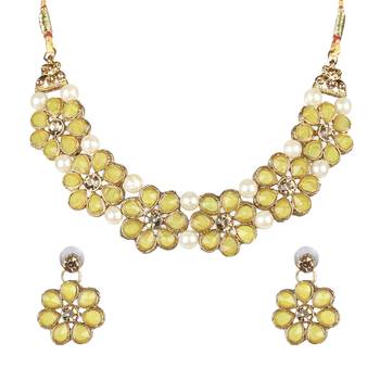 Gold Plated Yellow Flower Kundan Pearl Necklace With Earring Traditional Jewellery Set For Women 2