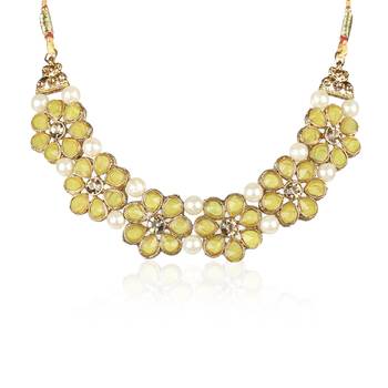 Gold Plated Yellow Flower Kundan Pearl Necklace With Earring Traditional Jewellery Set For Women 3
