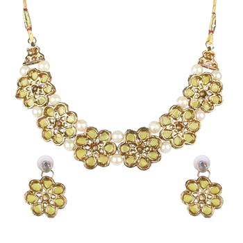 Gold Plated Yellow Flower Kundan Pearl Necklace With Earring Traditional Jewellery Set For Women 5