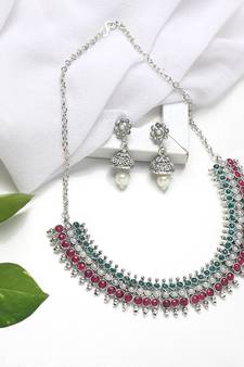 SILVER Plated Multicolour Kundan Pearl Necklace with Earring Traditional Jewellery Set for Women