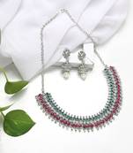 SILVER Plated Multicolour Kundan Pearl Necklace with Earring Traditional Jewellery Set for Women