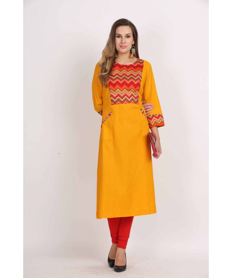Elegance  Mustard and Red  Cotton Flex  Plain  Kurta
