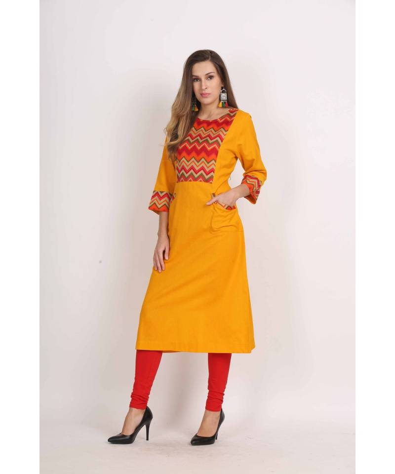 Elegance  Mustard and Red  Cotton Flex  Plain  Kurta