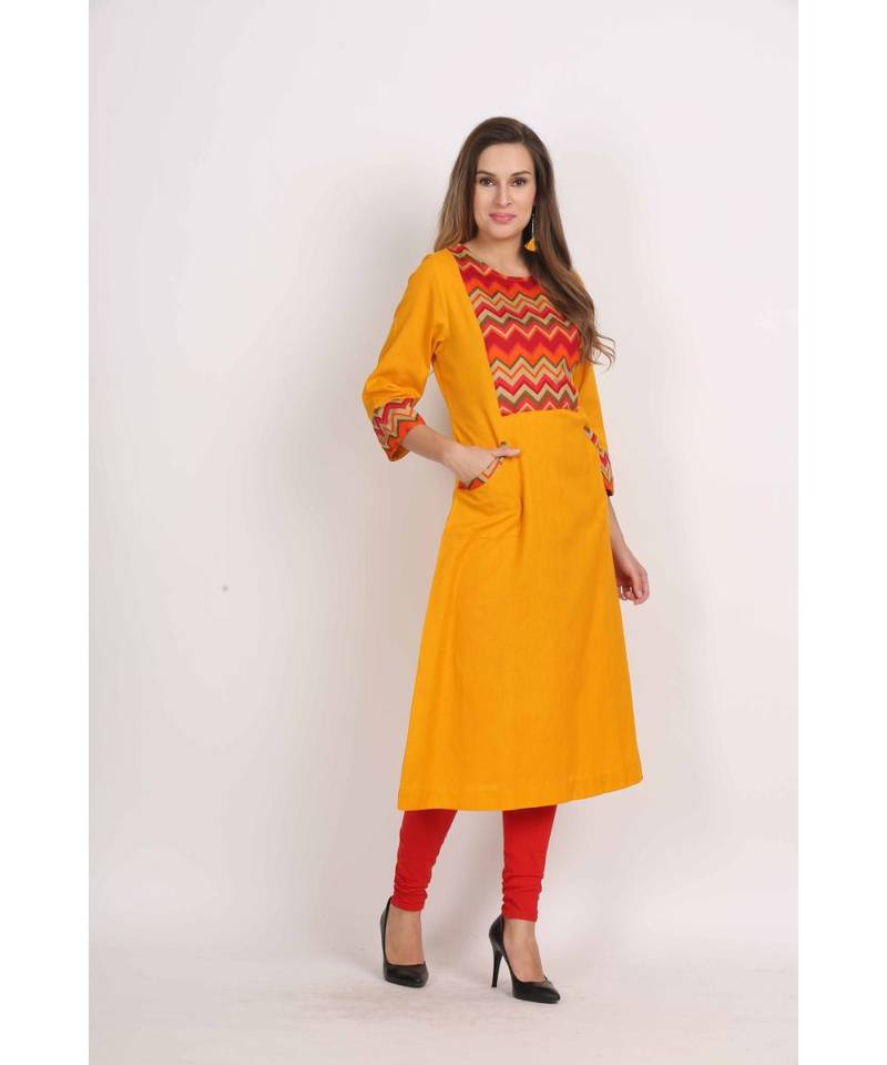 Elegance  Mustard and Red  Cotton Flex  Plain  Kurta