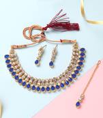 Classy Choker Style Ad Blue Stone Necklace Set With Matching Earrings For Women
