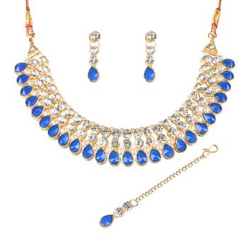 Classy Choker Style Ad Blue Stone Necklace Set With Matching Earrings For Women 2