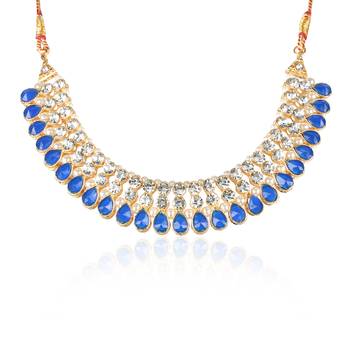 Classy Choker Style Ad Blue Stone Necklace Set With Matching Earrings For Women 3
