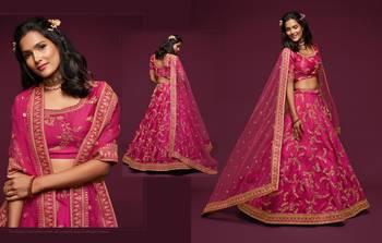 Hypnotizing Hot Pink Thread, Zari, Dori, and Sequins Embroidered Art Silk Lehenga 9