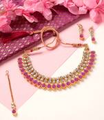 Classy Choker Style Ad Dark Pink Stone Necklace Set With Matching Earrings For Women