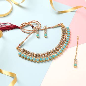 Classy Choker Style Ad Turquoise Stone Necklace Set With Matching Earrings For Women 1