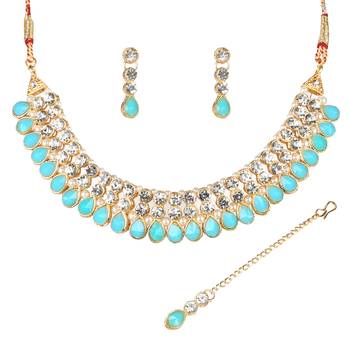 Classy Choker Style Ad Turquoise Stone Necklace Set With Matching Earrings For Women 2