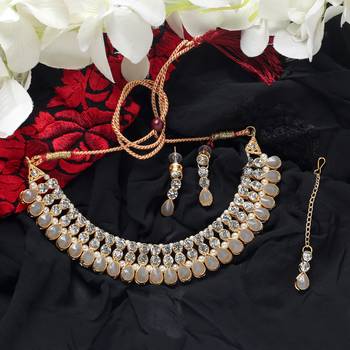 Classy Choker Style Ad Grey Stone Necklace Set With Matching Earrings For Women 1