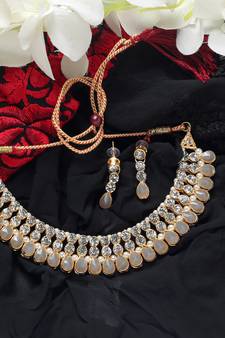 Classy Choker Style Ad Grey Stone Necklace Set With Matching Earrings For Women