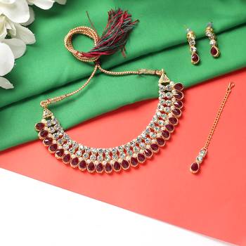 Classy Choker Style AD Maroon Stone Necklace Set with Matching Earrings for Women 1