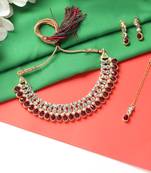 Classy Choker Style AD Maroon Stone Necklace Set with Matching Earrings for Women
