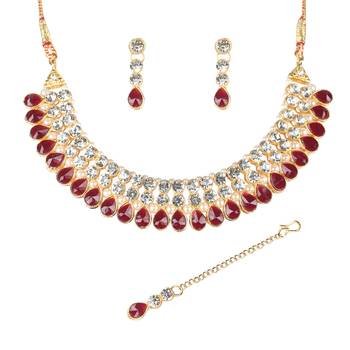 Classy Choker Style AD Maroon Stone Necklace Set with Matching Earrings for Women 2