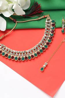 	Classy Choker Style Ad Multi Stone Necklace Set With Matching Earrings For Women