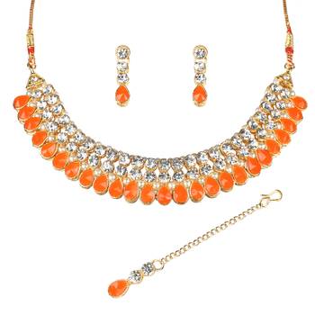 Classy Choker Style Ad Orange Stone Necklace Set With Matching Earrings For Women 2